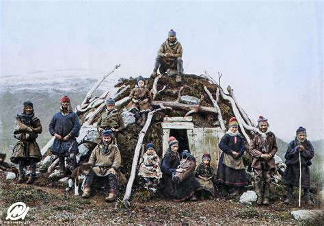 Sami people and a traditional peat hut, ca. 1850. : r/ColorizedHistory