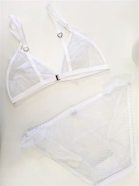 Ruffled Polka Dot Lingerie Set Triangle Bra White Bralette Etsy