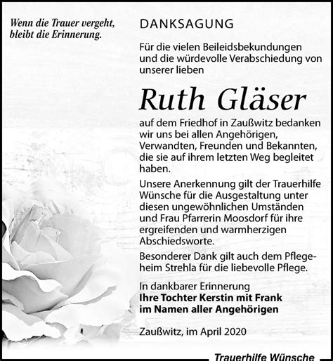 Traueranzeigen von Ruth Gläser trauer anzeigen de