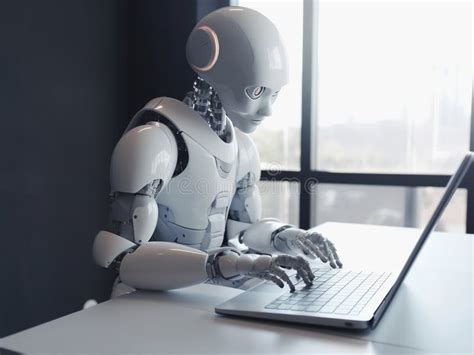 3d Rendered Illustration Robot Cyborg Working On A Laptop In Office