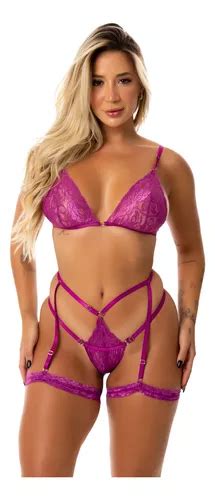 Conjunto Lingerie Perneira Cinta Liga Sexy Renda Parcelamento Sem Juros