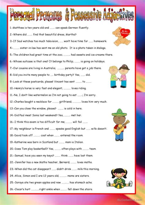 Possessive Adjectives And Personal Pronouns English Esl Worksheets For