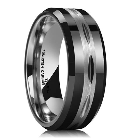 King Will Mens Black 8mm Tungsten Carbide Ring Two Tone Brushed Diamon