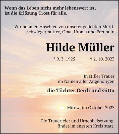 Traueranzeigen von Hilde Müller Trauer Nordkurier