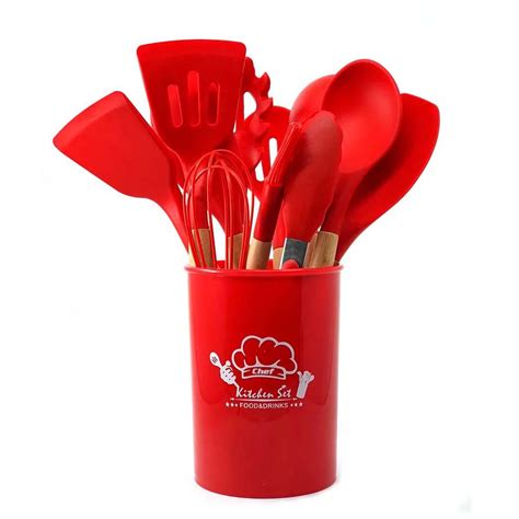 KIT 12 PEÇAS UTENSÍLIOS DE COZINHA EM SILICONE CABO MANDEIRA Shopee