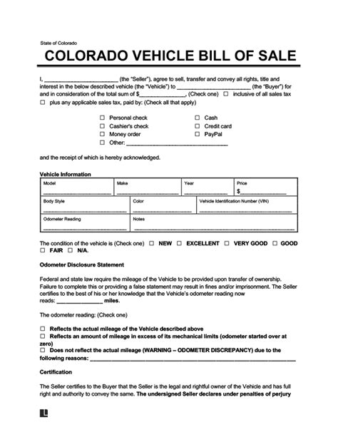 Colorado Motor Bill Of Sale