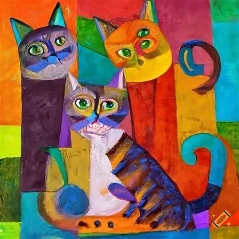 Cubist Painting Of Colorful Cats On Craiyon