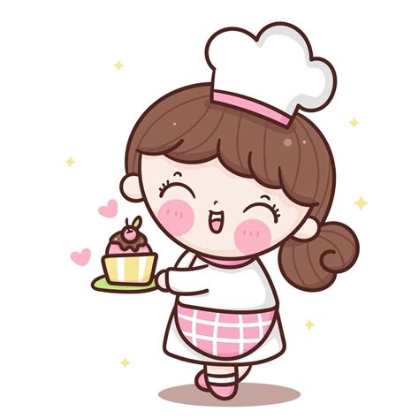 Cute Girl Vector Chef Cartoon With Birthday Cake Kawaii Bakery Shop