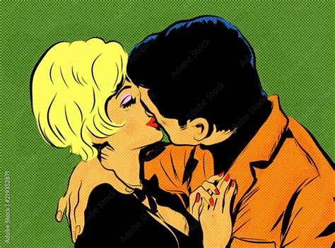 Pop Art Couple Amour Rétro Un Homme Qui Embrasse Une Femme Timide Stock Illustration Adobe Stock