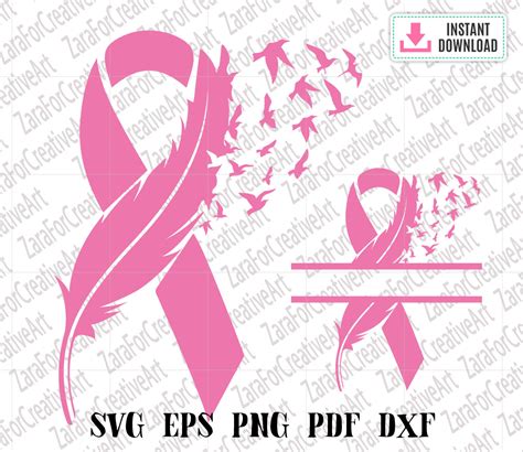 Breast Cancer Svg Split Svg Ribbon Feather And Bird SVG Breast Etsy