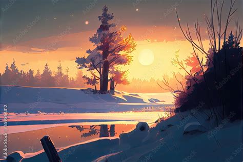 Winter Sunset Snow Covered Idyllic Winter Scene Natural Forest And