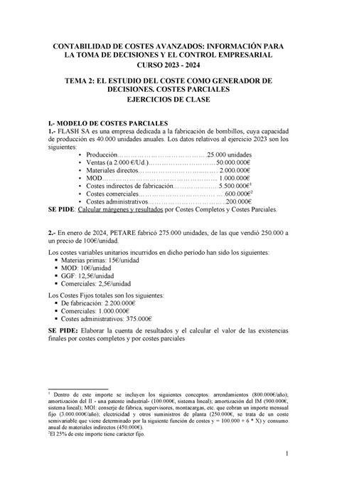 Tema Ejercicios Clase Contabilidad De Costes Avanzados