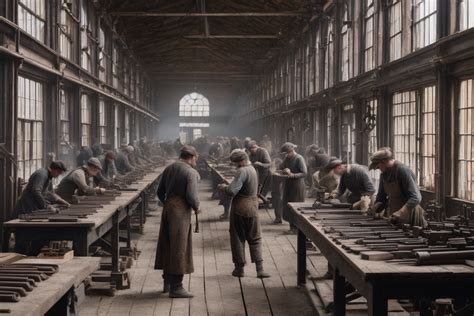 A Very Long Dark Dusty Victorian Mill Workshop Where Rows Of By