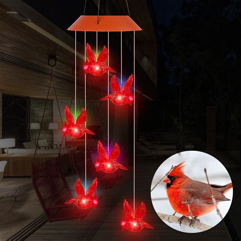 Tsv Solar Cardinal Red Bird Wind Chime Lights Led Outdoor Cardinal Wind Belles With S Hook Ip65