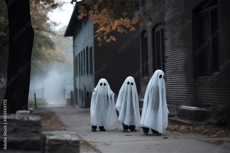 Kids in ghost costumes celebrating halloween at street. Generative AI ...