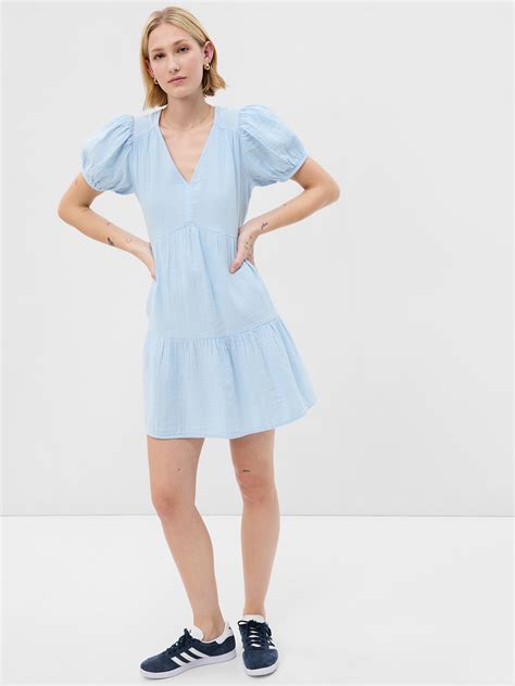 Gap Crinkle Gauze Puff Sleeve Tiered Mini Dress In Cerulean Blue Modesens