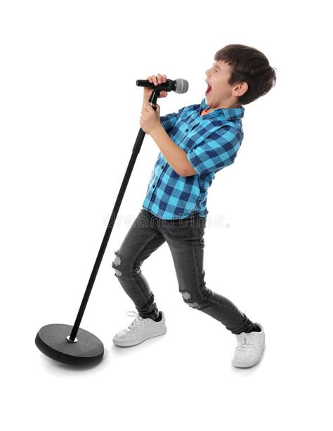 Cute Little Boy Singing Into Microphone On White Stock Image Image Of