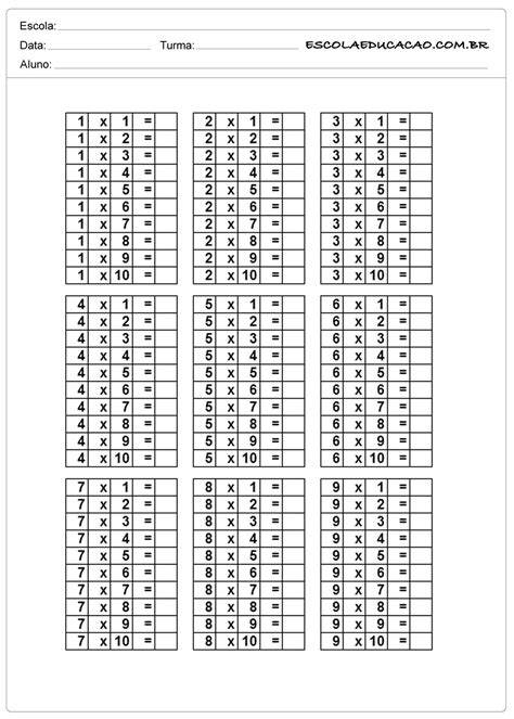 Tabuada De Multiplicação Para Imprimir E Responder DASHGOO