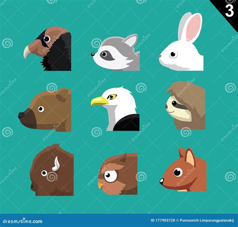 Animal Cartoon Faces Side View Set 3 American Stock Vector