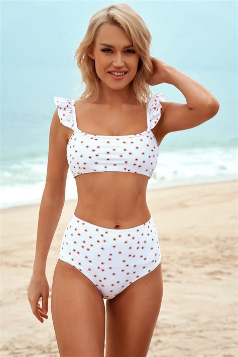 Ruffle Straps Square Neckline High Waist Two Piece Bikini Set Walkonbeach