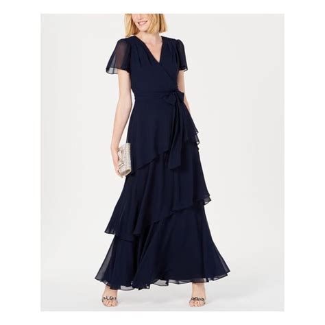 Tahari Dresses Tahari Womens Navy Ruffled Short Sleeve V Neck Maxi