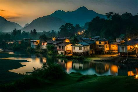 Photo Wallpaper The Sky Mountains River House Village Sunset The