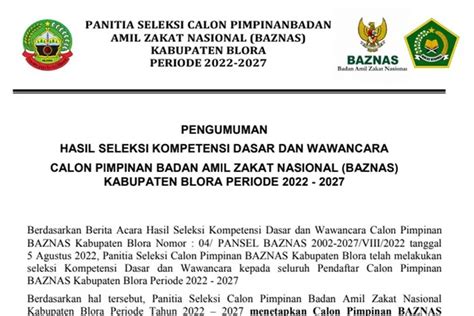 Pengumuman Hasil Seleksi Kompetensi Dasar Dan Wawancara Calon Pimpinan