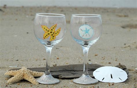 Hand Painted Beach Wine Glasses With Seashells A Sand Dollar