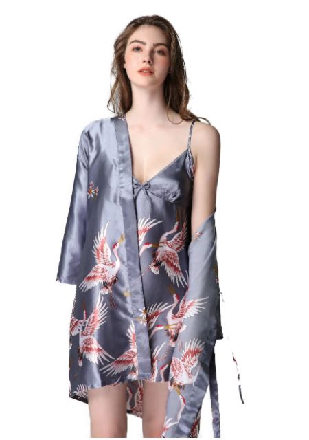 Wholesale Pajama Bird Pattern Silk Satin Nightgown Set Glamour