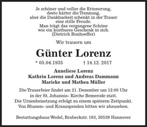 Traueranzeigen von Günter Lorenz trauer anzeigen de