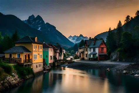 Photo Wallpaper The Sky Mountains River Houses The Mountains The