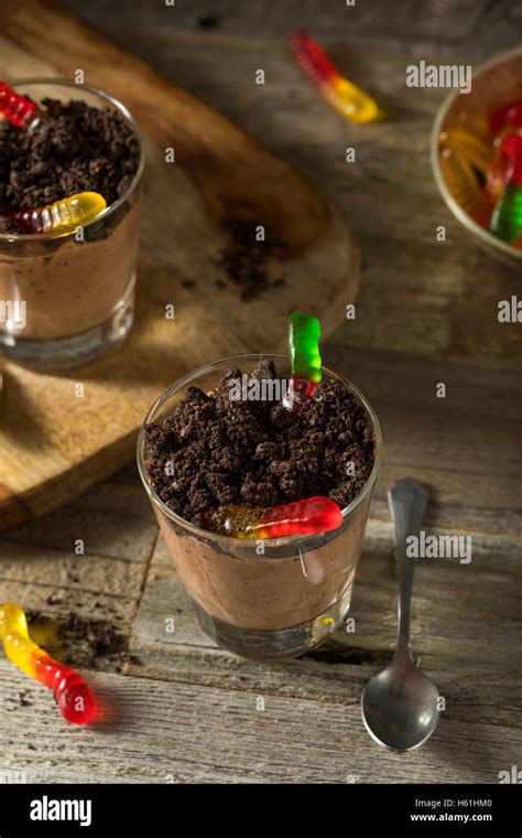 Homemade Chocolate Dirt Pudding With Gummy Worms Stock Photo Alamy