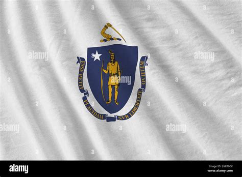 Massachusetts Us State Flag With Big Folds Waving Close Up Under The