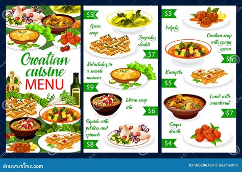 Croatian Cuisine Food Authentic Restaurant Menu Stock Vector