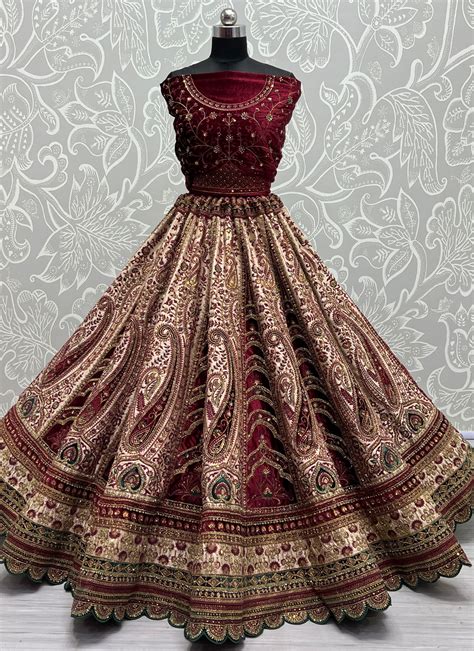 Maroon Velvet Bridal Lehenga Choli