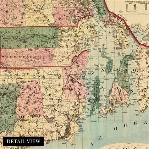 1880 Rhode Island And Providence Plantations Map Wall Art Print Historic Prints