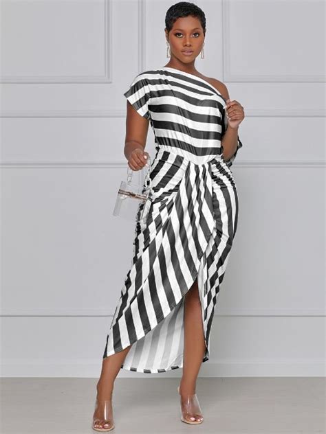 Fashion Stripe Inclined Shoulder Sexy Maxi Dresses Wholesale7 Blog Latest Fashion News And