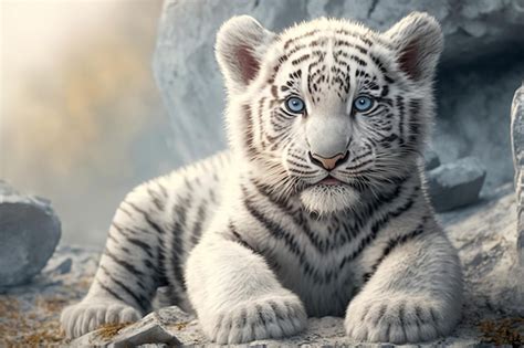 Premium Photo White Tiger Cub With Blue Eyes Generative Ai