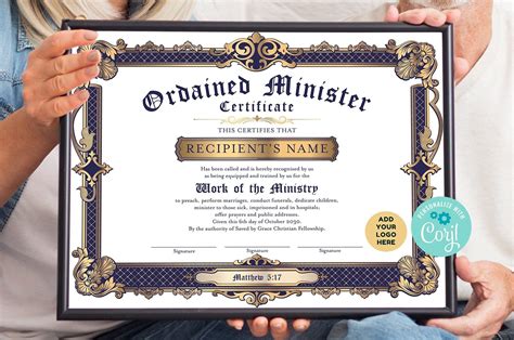 Editable Certificate Of Ordination Template DIY Ordained Minister