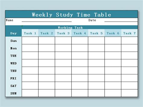 Excel Of Weekly Study Time Table Xlsx Wps Free Templates