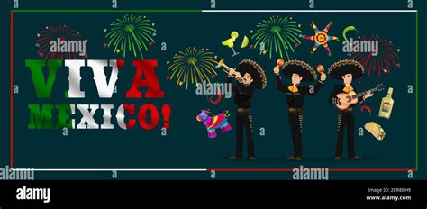 Mexican Holiday Mariachi With Fiesta Party Food Viva Mexico Vector Banner Musician Cartoon