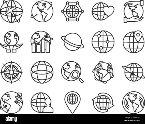 Earth Planet And Global Sphere Icon Set Over White Background Line Style Vector Illustration