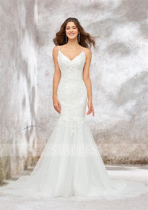 Trumpet Mermaid V Neck Sleeveless Chapel Train Tulle Lace Wedding Dress