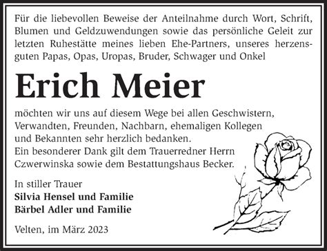 Traueranzeigen Von Erich Meier M Rkische Onlinezeitung Trauerportal