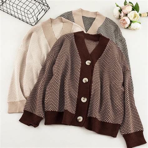 Singrain Striped Knitted Cardigans Women Winter Large Size Outerwear V