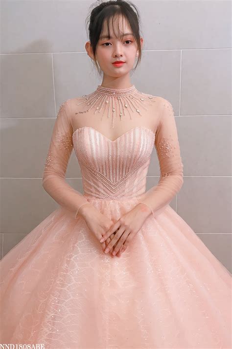 Light Nude Pink Beaded Bodice Long Sleeves Sparkle Ball Gown Wedding Dress With Short Train