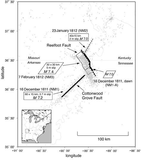 Map showing location of the New Madrid seismic zone as illuminated by ...