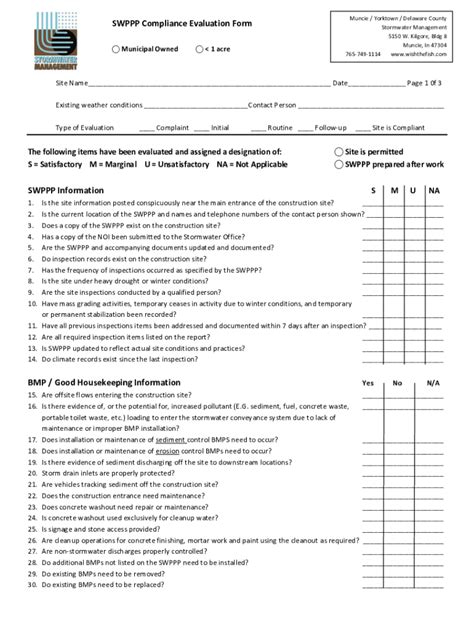 Fillable Online Swppp Compliance Evaluation Form Muncie Yorktown