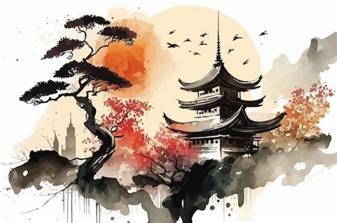 Pintura Japonesa Ilustra O Em Vetor De Arte Oriental Em Aquarela