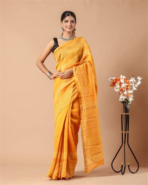 Hand Block Printed Yellow Maheshwari Silk Saree 6 3 M With Blouse